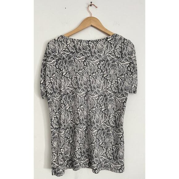 Anne Klein Blouse Top XL Gathered Sleeve Floral Black White Polyester Spandex - Picture 6 of 9